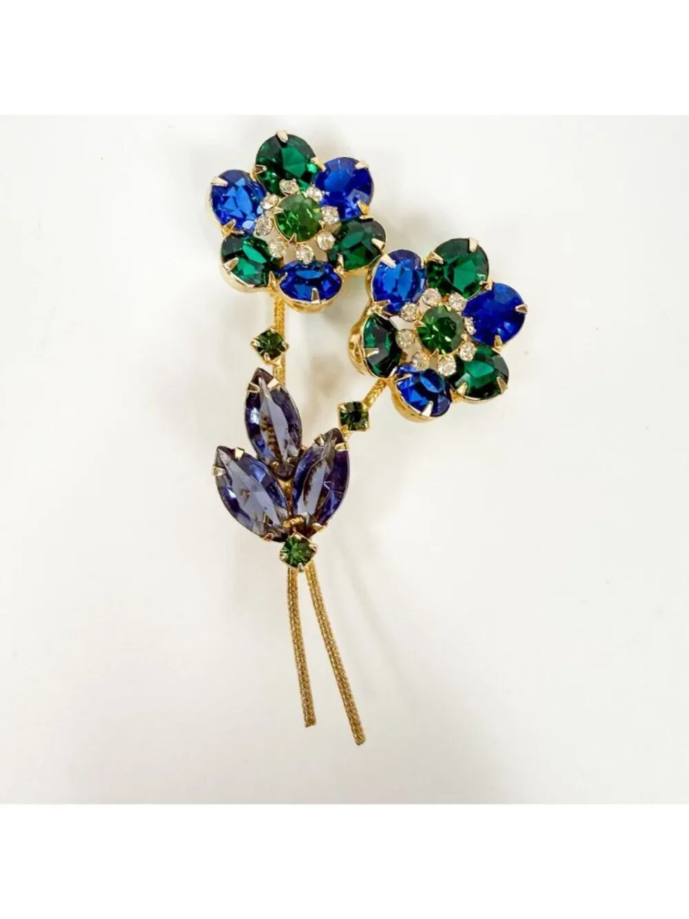 Vintage Blue Green Rhinestones Flowers Long Stems Gold Tone Prong Set Brooch